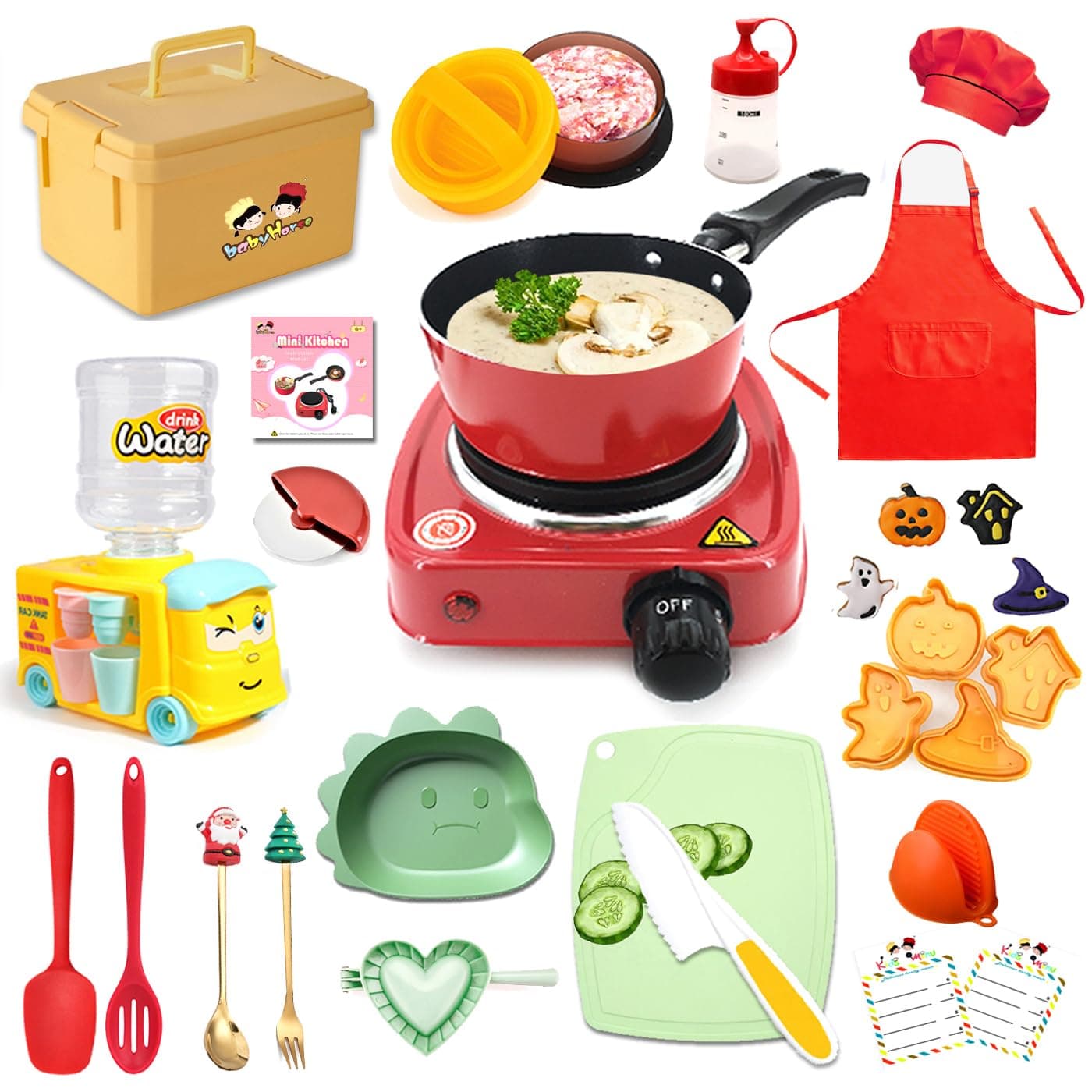 22 Pcs Montessori Kids Junior Tiny Real Toddler Safe Easy Bake Cook Set with Pretend Kitchen Tool -Mini Stove Burner, Chef, Apron, Oven Mitt, Recipes -Real Food Utensils Gift for Boys Girls Ages 6-1