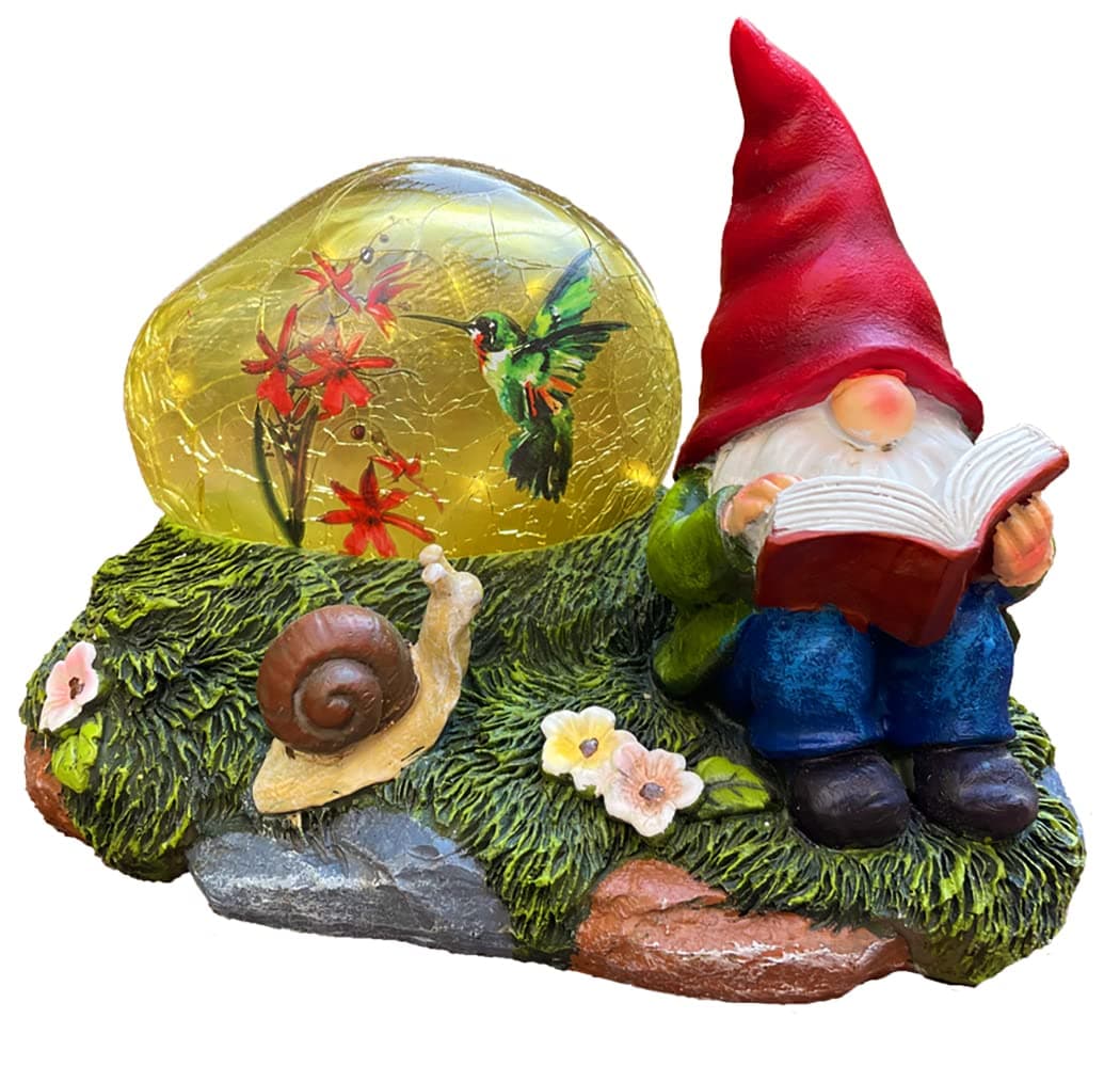 Raywer Solar Powered Gnome with Red Hat , Snail and Decorated Solar Light, Garden Decorations Statues , Garden Light Decor for Lawn Ornaments, Resin Garden Figurines