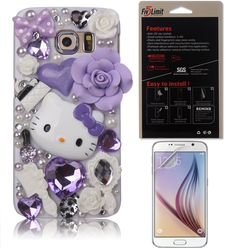 Galaxy S6 Bling Case, FiveLimit(TM) 3D Handmade Luxury Rhinestone Crystal Galaxy S6 SM-G9200 Case Pearl Lavender Hello Kitty Flower Diamond Case Cover (Package includes: 1 X Screen Protector) (Lavender Fairy Kitty)