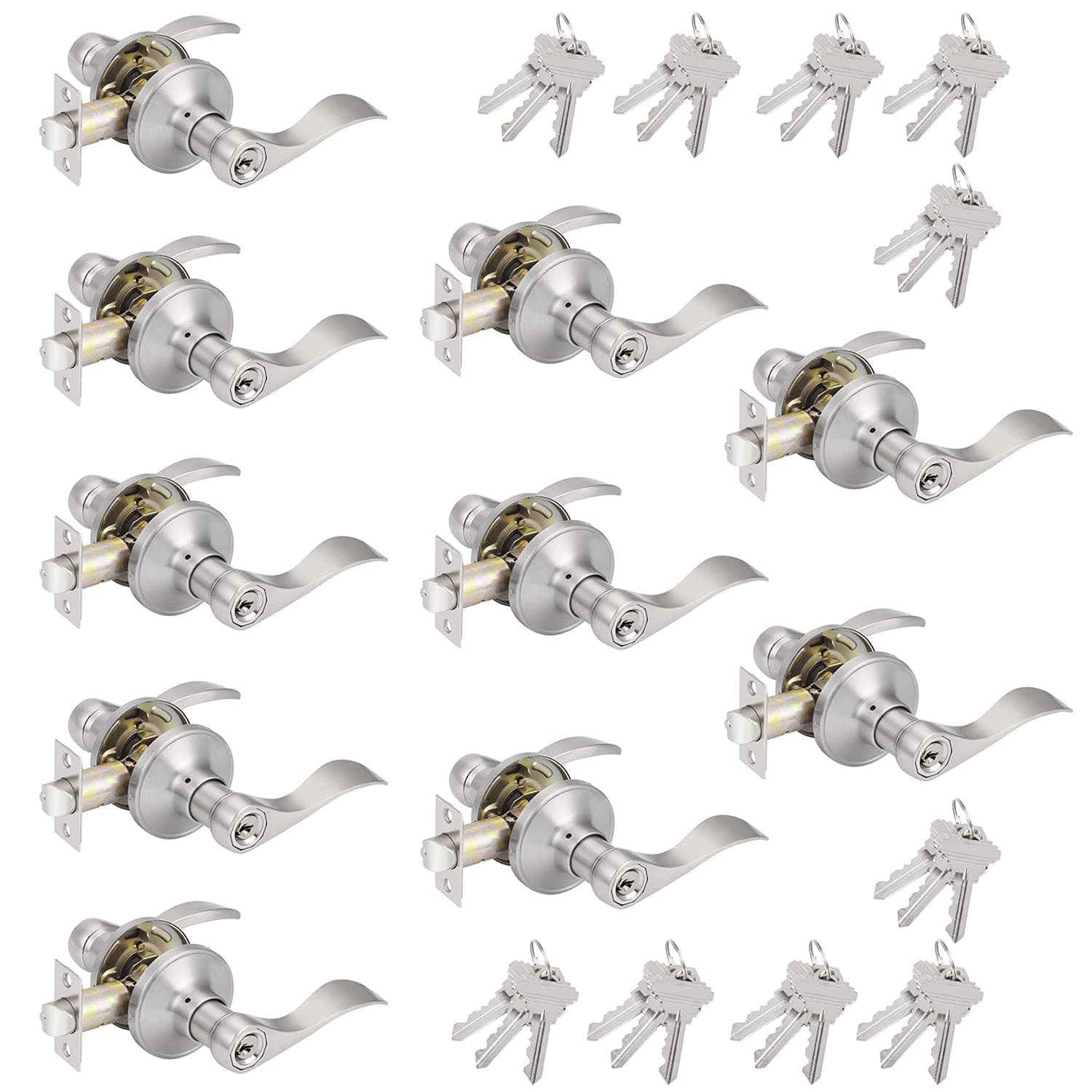 10 Pack Keyed Alike Entry Levers, Wave Style Satin Nickel Entry Locksets, Exterior Interior Door Levers with Lock and Same Keys(for Bedroom or Office)