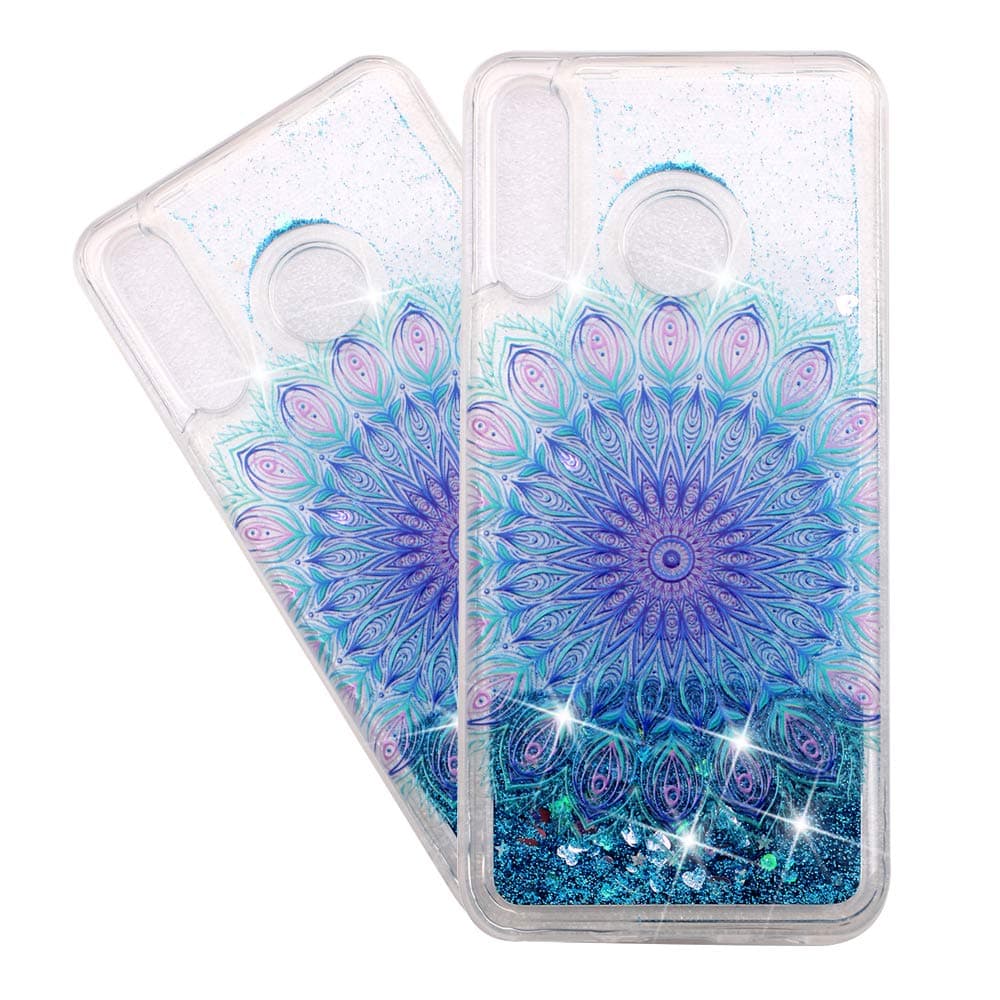 HMTECHUS Huawei Honor 8X Case for Girl Glitter Liquid Sparkle Floating Shiny Quicksand Clear Soft TPU Silicone Shockproof Protective Bumper Thin Cover for Huawei Honor 8X Bling Blue Feather XY