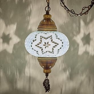 DEMMEX Plug-in Turkish Moroccan Mosaic Hanging Pendant Ceiling Light – Swag Lamp Fixture with 15ft Cord & Chain, Handcrafted Glass, Vintage Tiffany Style, Mediterranean Exotic Decor, White&Clear
