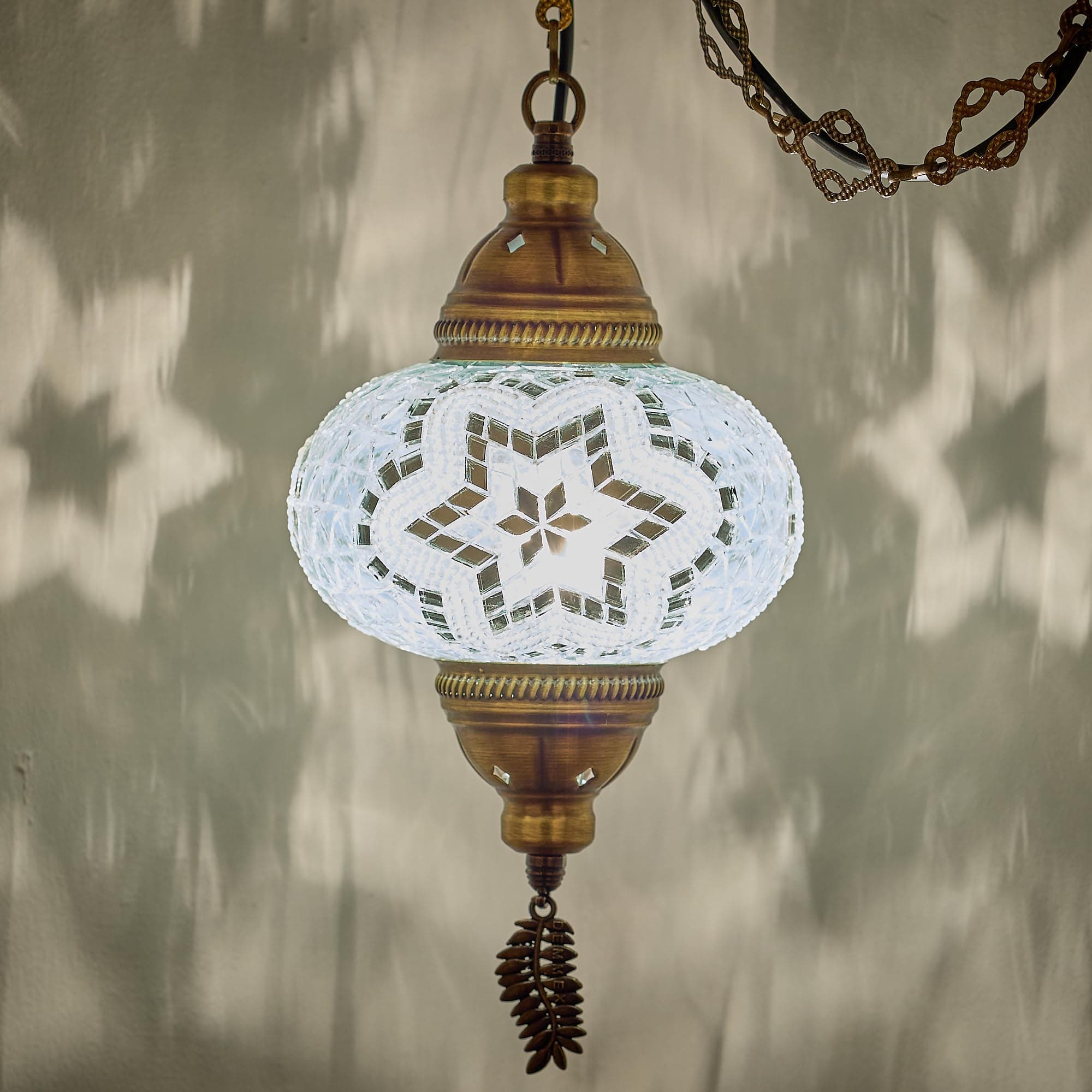 DEMMEX Plug-in Turkish Moroccan Mosaic Hanging Pendant Ceiling Light – Swag Lamp Fixture with 15ft Cord & Chain, Handcrafted Glass, Vintage Tiffany Style, Mediterranean Exotic Decor, White&Clear