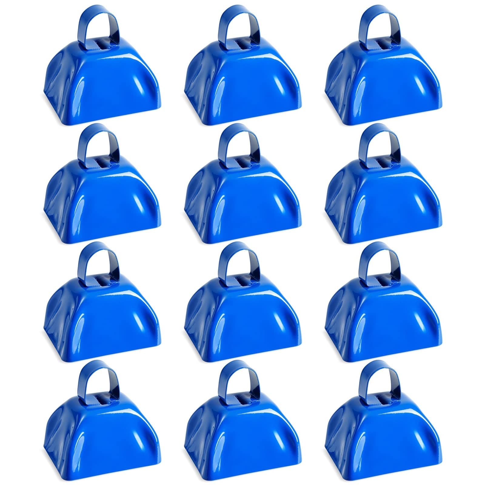 BLUE PANDA 3-Inch Cowbells with Handle - Stadium Cheering & Cow Bells for Sporting Events - Metal Noise Makers for Meetings - Football Noise Makers - Blue Cowbells - Pack of 12