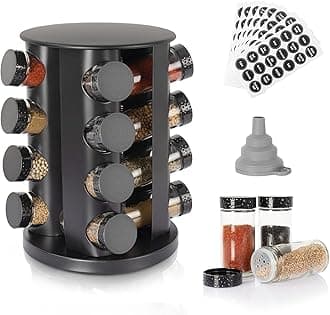 Black Countertop Rotating Spice Rack,Round Empty 16-Jars Revolving Spice Rack Organizer, 135 Spice Labels with Funnel Complete Set, for Kitchen Countertop, Cabinet