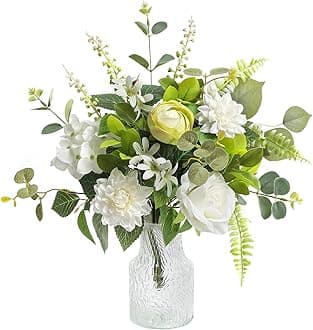 Serra Flora Fake Flowers with Vase,Artificial Silk Roses in Vase,Table Centerpieces for Dining Room, Silk Faux Flower Arrangements for Home, Living Room Bathroom Plant Decor,Table Decorations