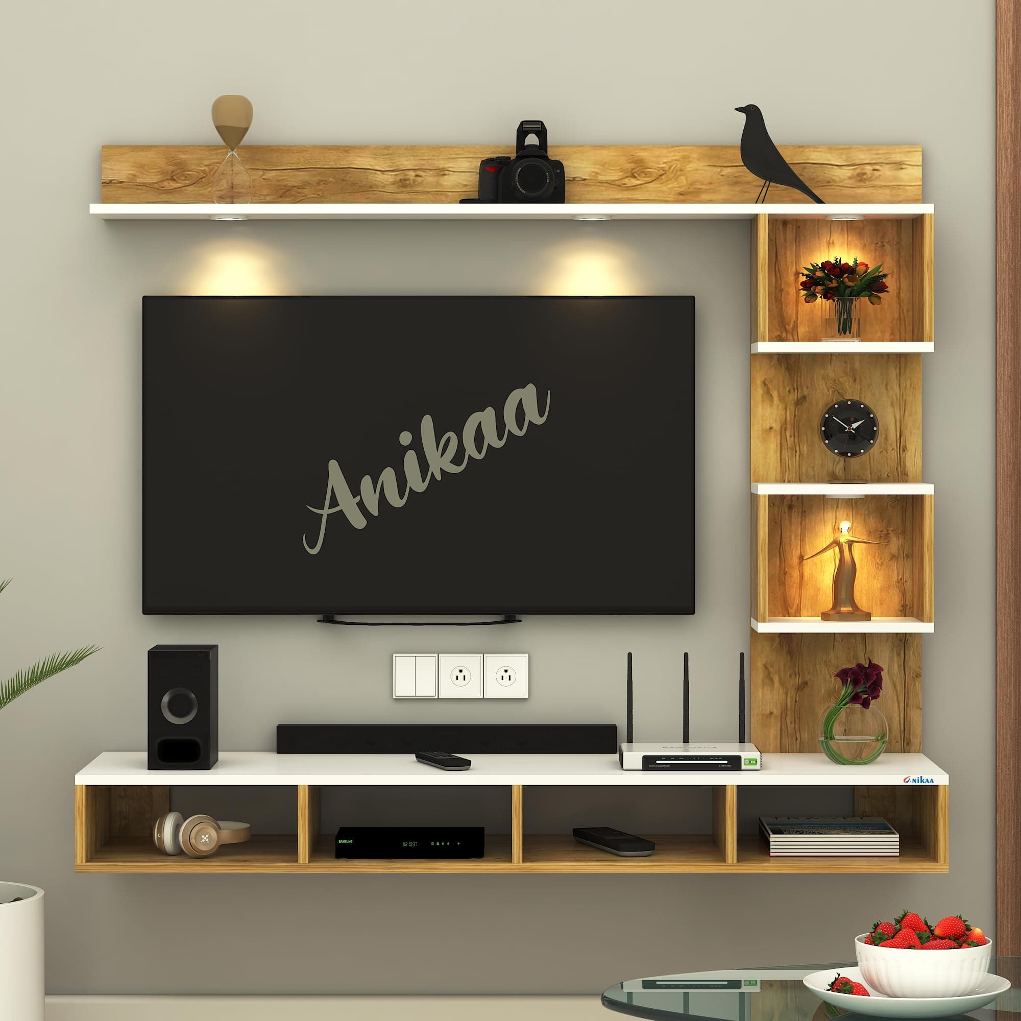 Anikaa Kirina Engineered Wood Wall Mount TV Unit with LED Lights TV Cabinet TV Entertainment Unit Set Top Box Stand (Giantwood/White) (Ideal for 43 Inch)(D.I.Y)