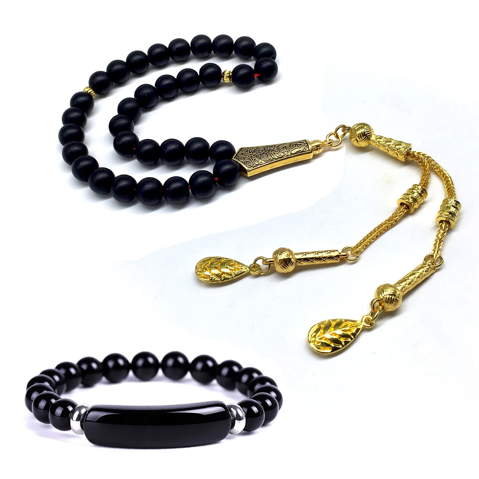 Black Agate Stone Prayer Beads and Bracelet - Worry Beads - Tesbih - Tasbih - Tasbeeh - Misbaha - Masbaha - Subha - Sebha - Rosary (Black Agate Stone/Gold Tassel)