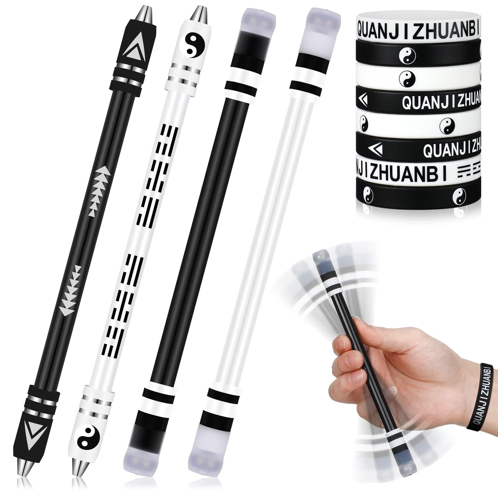 Geyee 4 Pcs Spinning Pen with 8 Pcs Silicone Bracelet Metal Gaming Finger, 8.5 Inch Fidget Anti Slip Rotating Pen Adults Office Supplies to Relieve Stress, No Refill