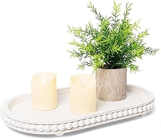 HPC Decor 15in Oval Wooden Tray - White Beaded Serving Tray, Rustic Farmhouse Vintage Centerpiece, Kitchen & Living Room Decor