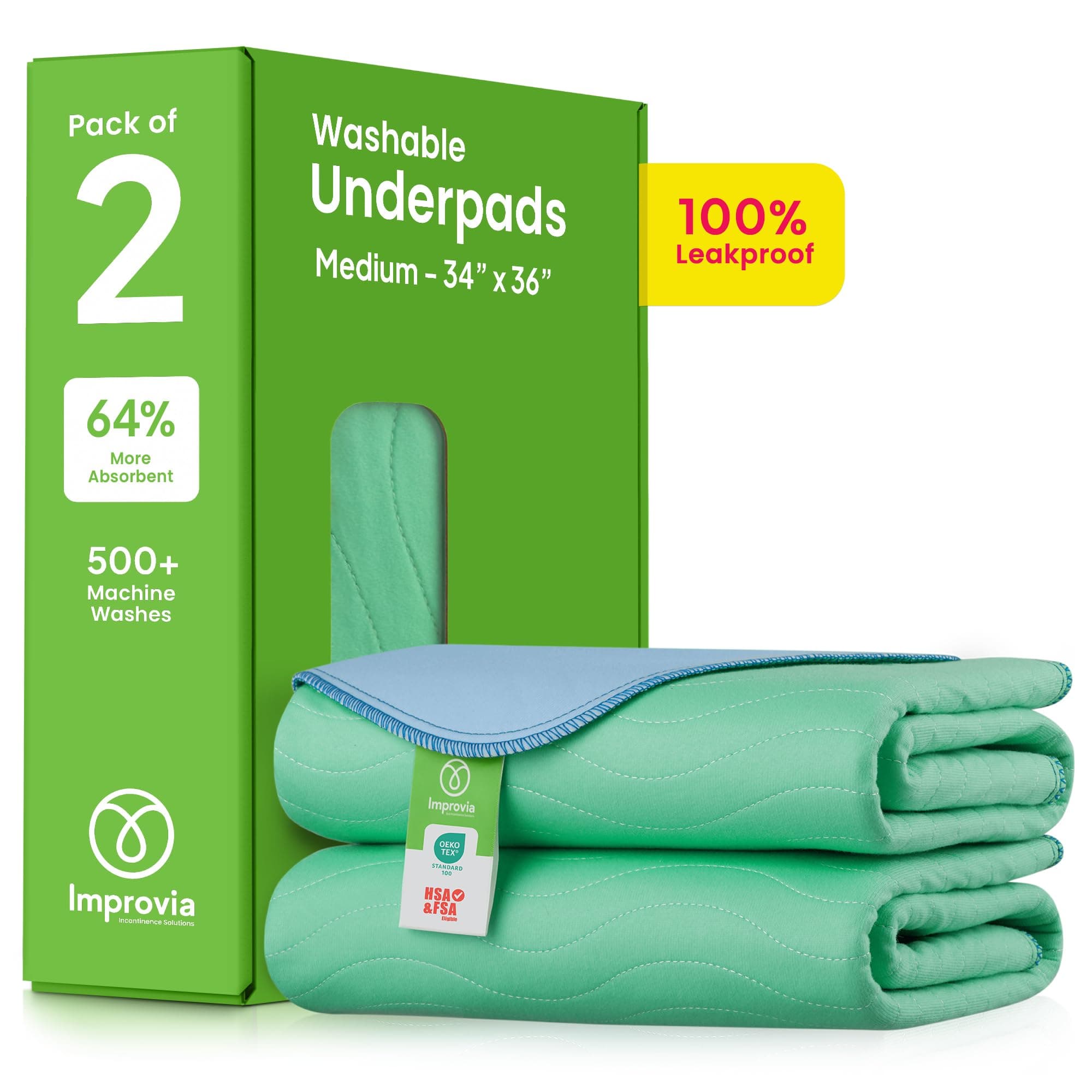 IMPROVIA Washable Underpads, 34" x 36" (2 Pack) - Highly Absorbent Reusable Bedwetting Incontinence Pads for Kids, Adults, Seniors, Pets - Waterproof Protective Pads for Bed Couch Sofa Floor
