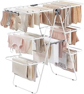 Clothes Drying Rack, Foldable 3-Level Laundry Rack, Free-Standing Large Drying Rack, with Height-Adjustable Wings, 39 Drying Rails, Sock Clips, White and Gray ULLR054W01