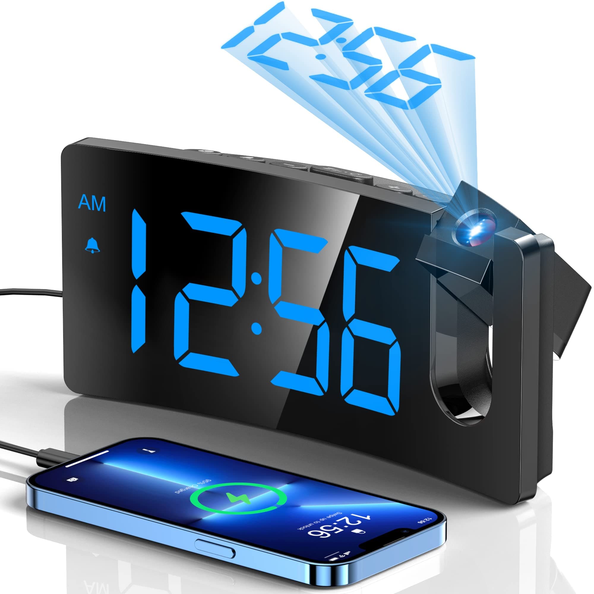 GOLOZA Projection Alarm Clocks Bedside, Digital Clock with 180° Projector, 3-Level Brightness Dimmer, LED Display, USB Charger, Progressive Volume, 9mins Snooze, Digital Alarm Clock for Bedroom