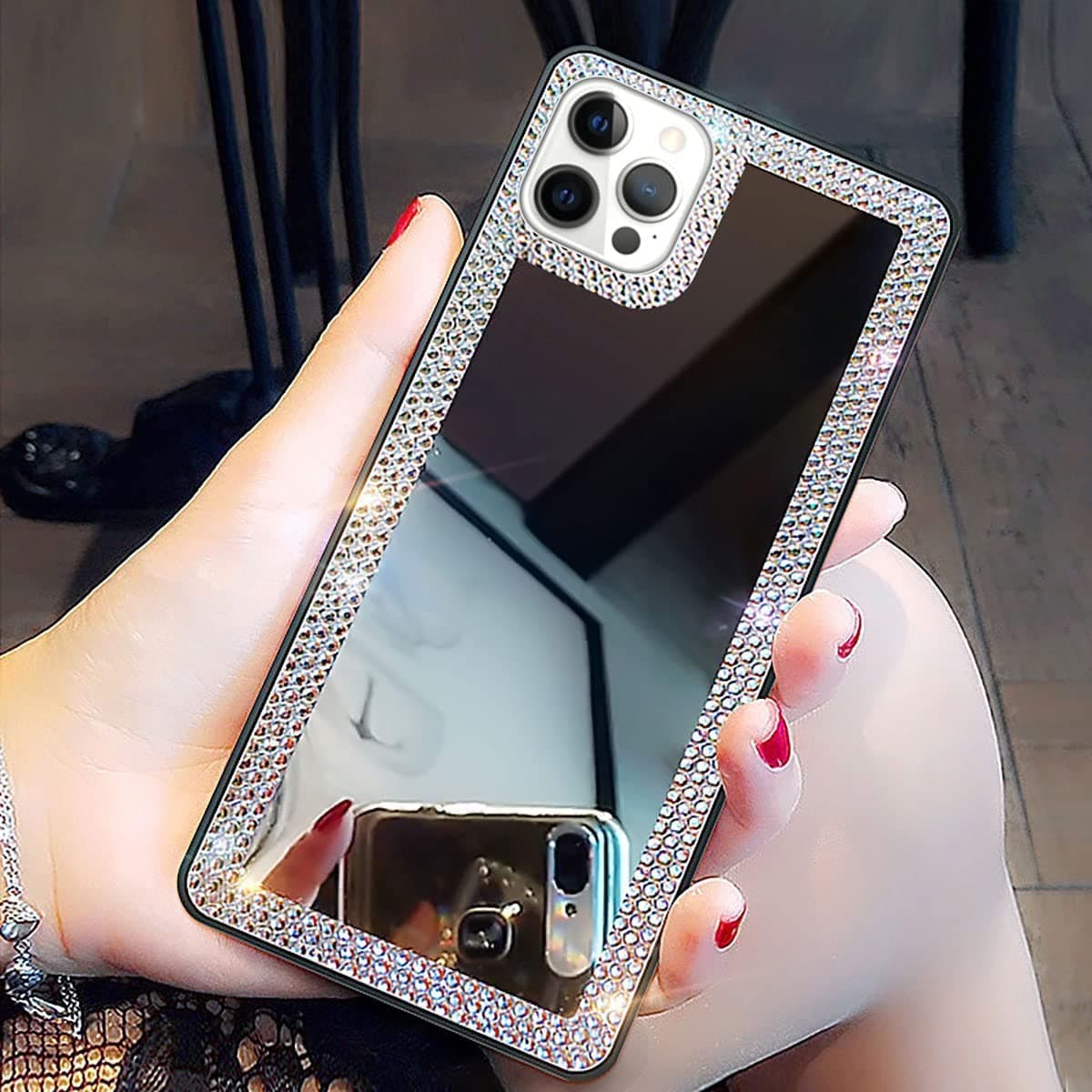 Cavdycidy Designer for iPhone 14 pro max Mirror Case for Women with Bling Rhinestone, Stick on Mirror for Phone Case,Luxury Shiny Crystal Protective Cover for Outdoor Makeup for Girl(Glitter Diamond)