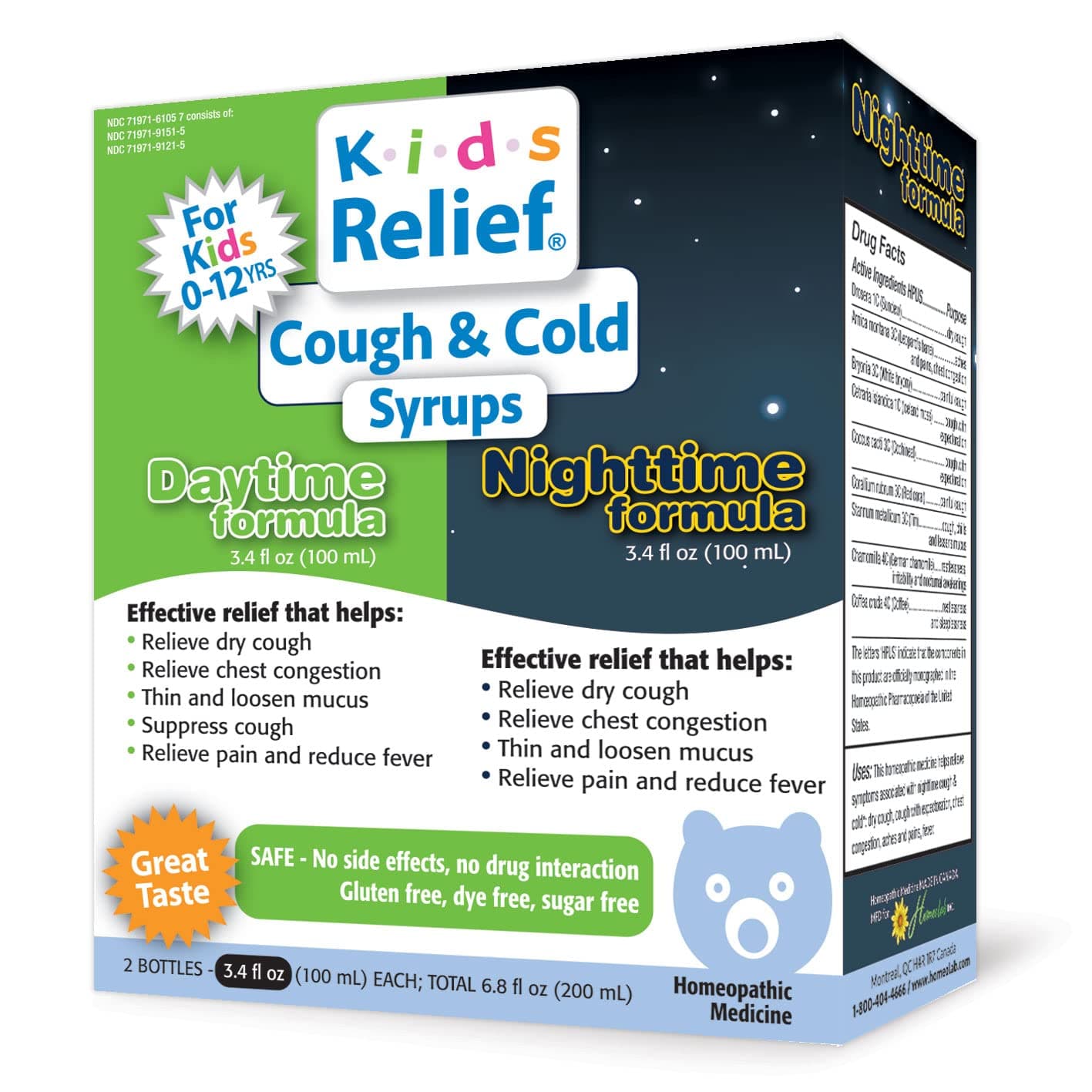 Kids Relief Cough & Cold Syrup Bundle, Daytime & Nighttime Formulas, for Kids 0-12 Yrs, Caramel Flavor, Gluten and Dye Free, No Added Sugar, 2 x 3.4 oz