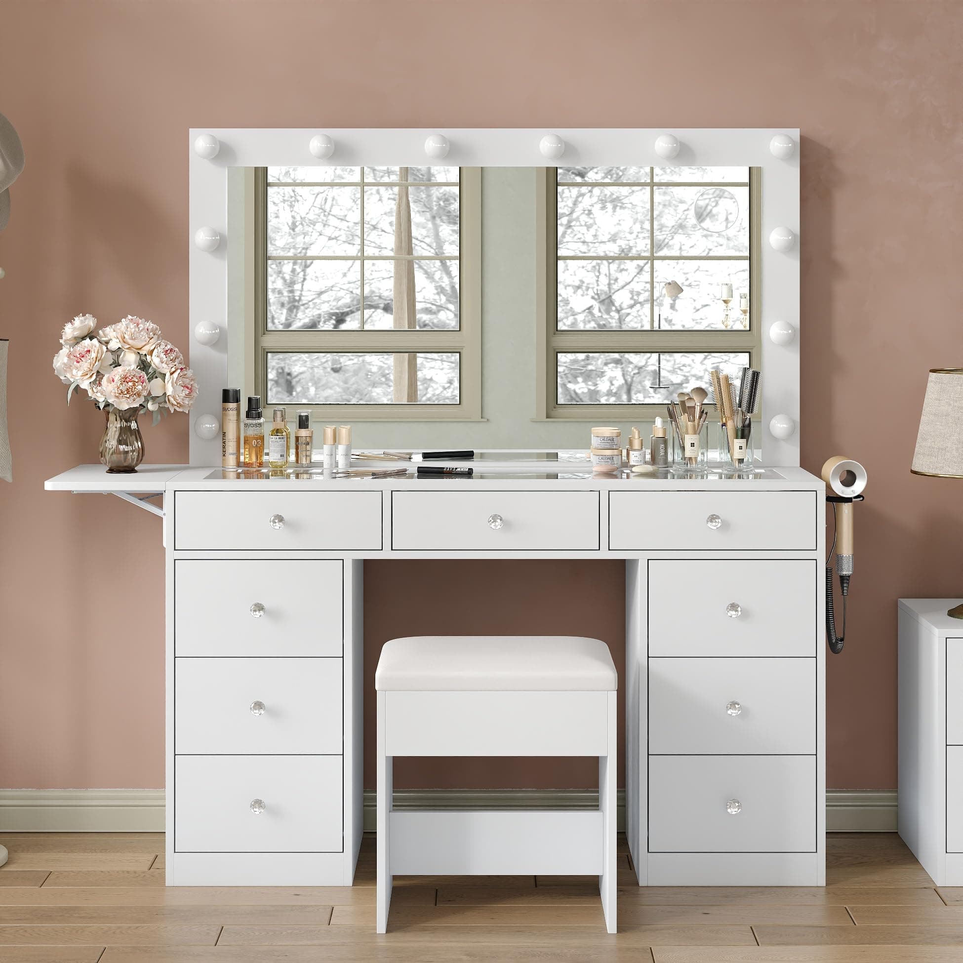 Vanity Desk & Power Outle, Makeup Vanity with Mirror and 12 LED Lights, 9 Drawers Makeup Table with Fold-up Panel, Vanity Set 3 Lighting Modes Brightness Adjustable (White)
