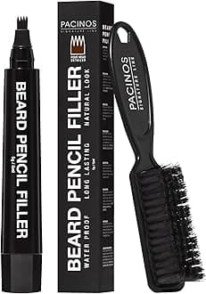 Pacinos Beard Pencil Filler - Water Proof, Long Lasting Coverage & Natural Finish - Beard, Moustache & Eyebrows - Micro-Fork Tip for Seamless Application - Bristle Brush Included (Dark Brown)