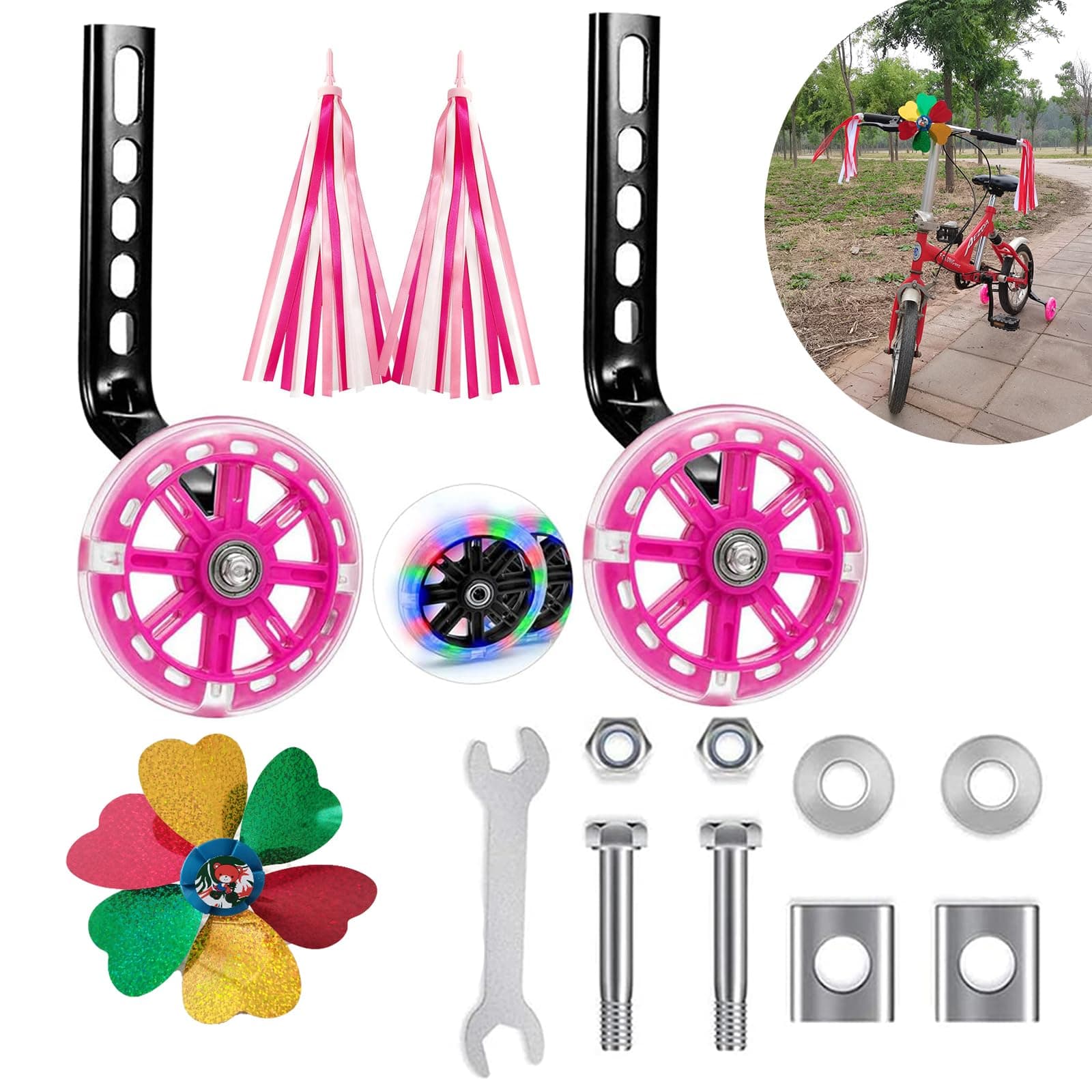 Training Wheels,Flash Mute Wheel Mounted Kit,We added small windmills and streamers to bring more joy to children while riding，Suitable for 12 14 16 18 20 inch Single Speed Bicycles
