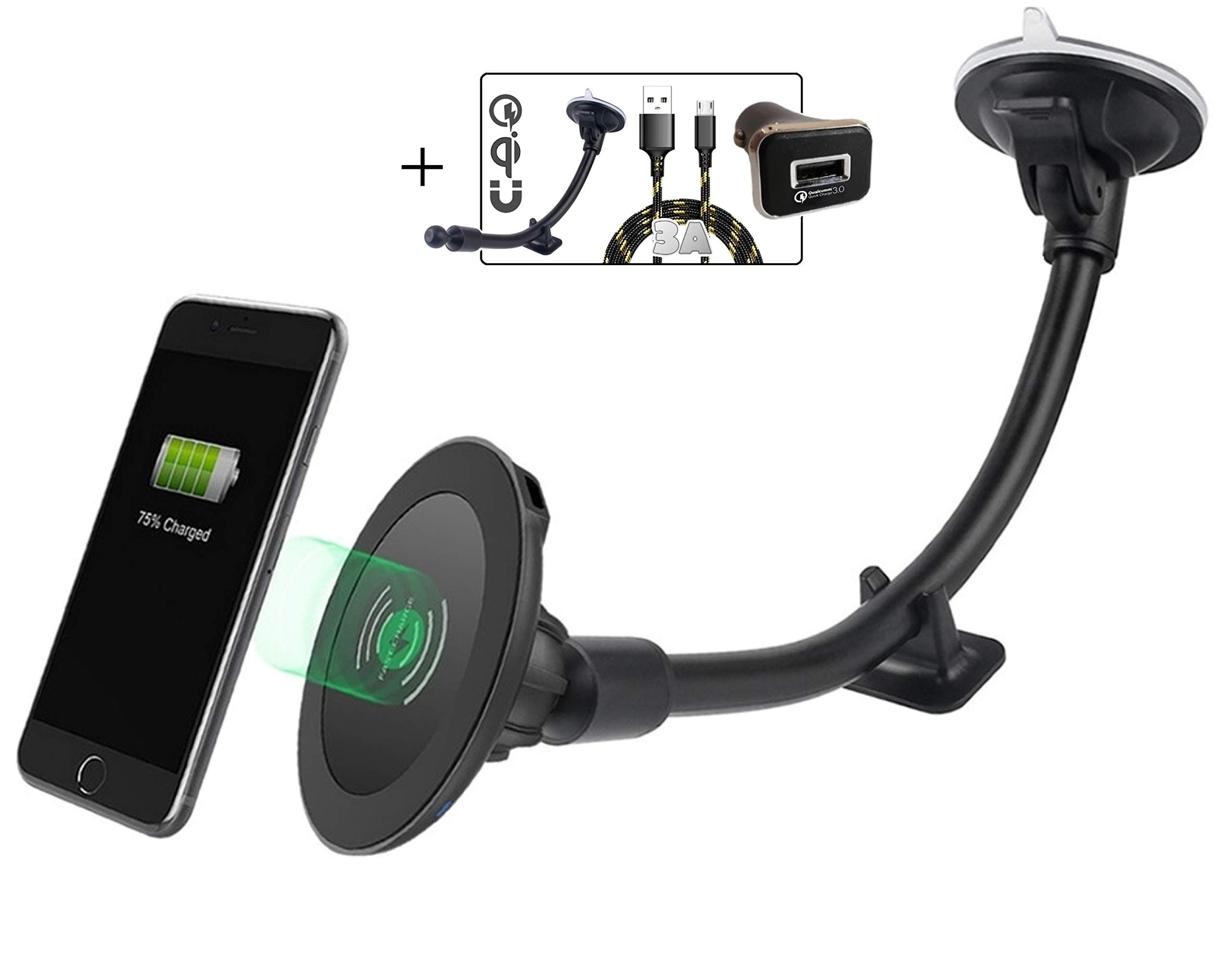 Magnetic Wireless Car Charger, 2BConnect Premium Strong Mount Boost Charging Kit Includes CQ3.0 Adapter, 3A Cable for Qi Enabled Device Such as iPhone X 8/Plus, Samsung Galaxy S9/S8 + Edge