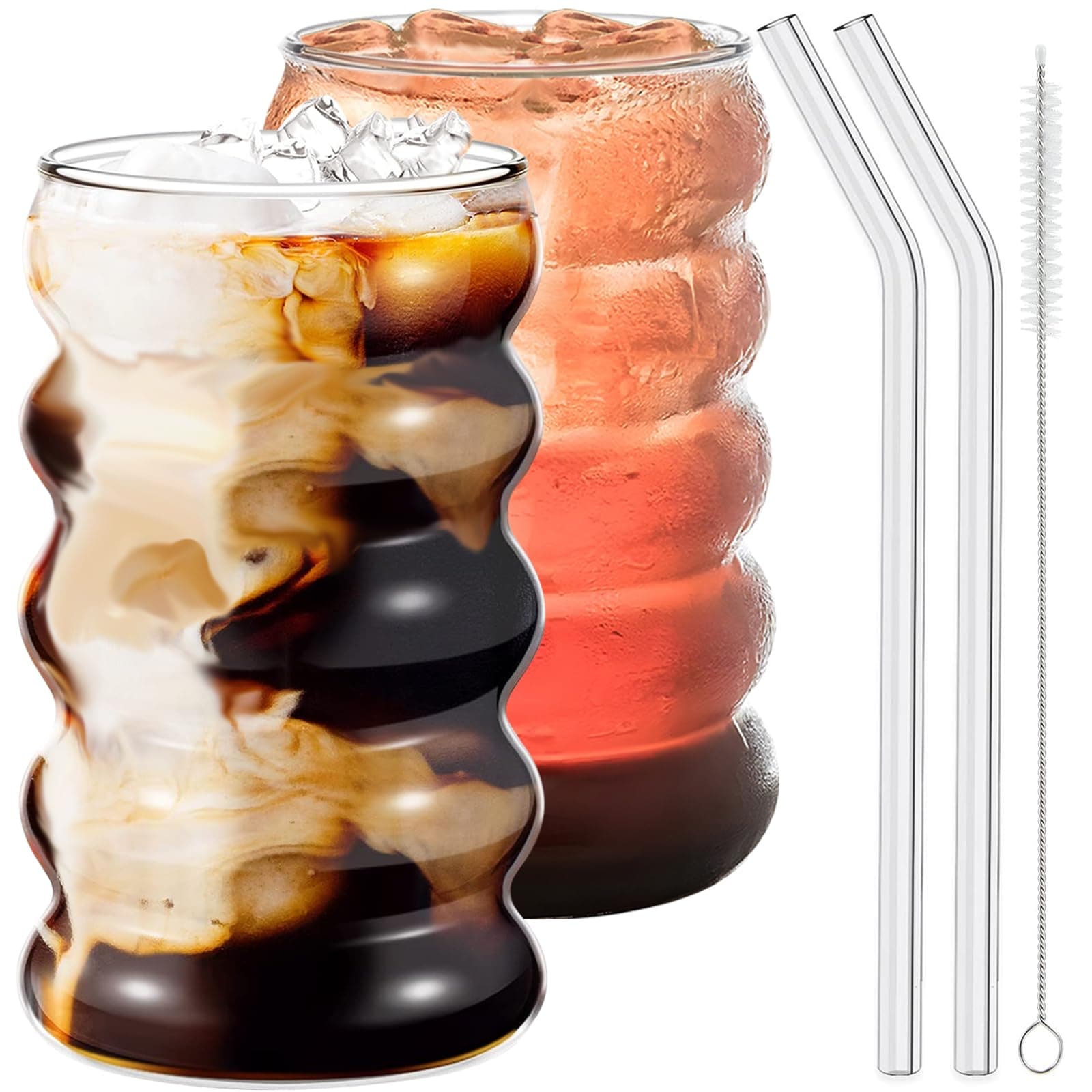 2 Pcs Drinking Glasses with Glass Straws, 20oz Iced Coffee, Milk Tea, Fruit Smoothie Glasses - Ideal for Water, Soda, Tea - Gift Set with Cleaning Brush