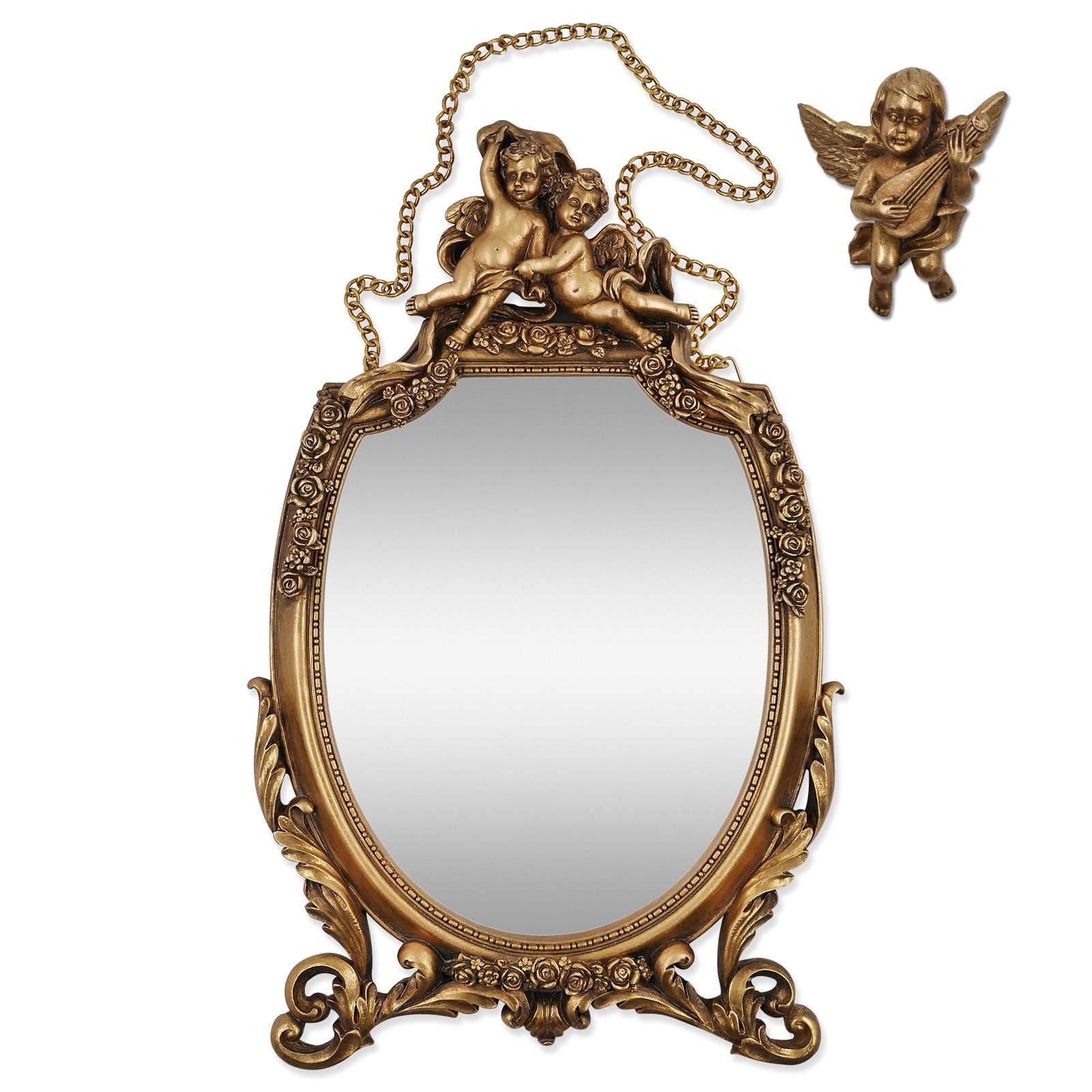 Baroque Style Wall Mirror, 16.5 x 9.5 inches Decorative Mirror with Cherub and Floral Ornaments, Vintage Gold Finish