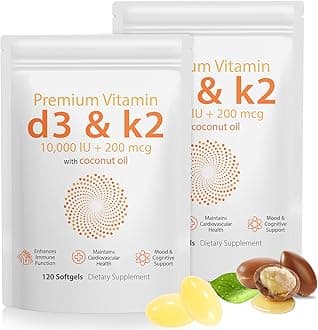 2 Packs Vitamin D3 & Vitamin K2 (MK-7) Softgels 240 High Strength VIT D3 K2 Supplement with Coconut Oil Supports Immune System and Bone Health - 8 Months Supply, Easy to Swallow