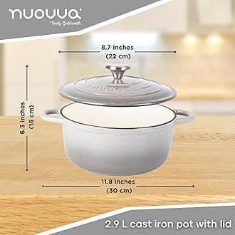 nuovva Cast Iron Dutch Oven with Lid – Non-Stick Ovenproof Enamelled Casserole Pot – Sturdy Dutch Oven Cookware – Light Grey, 3.1-Quart, 22cm –