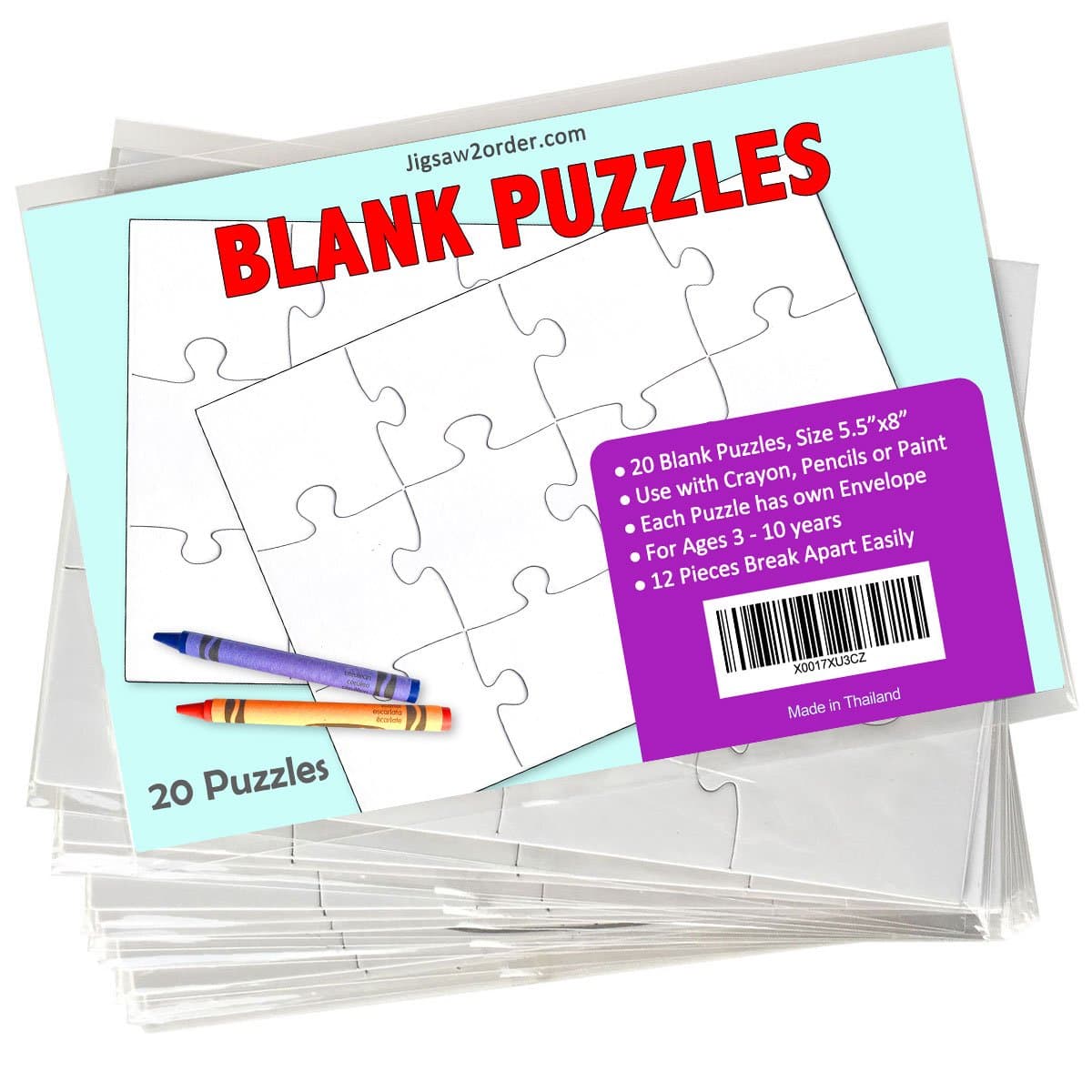 Jigsaw2order 12 Piece Blank Puzzle Craft Activity, Pack of 20 Puzzles, Size 5.5" x 8" with Individual Envelope