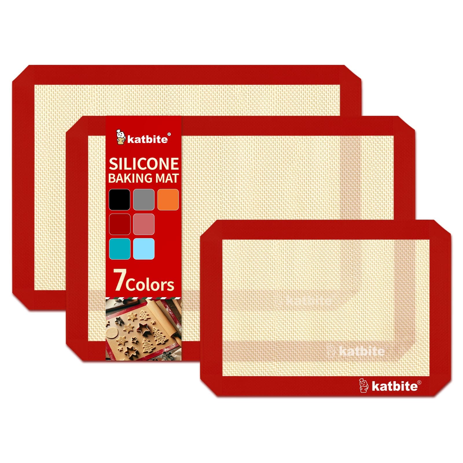 Katbite Silicone Baking Mat Colorful Collection - Set of 3: 2 Half Sheets Mats (11 5/8" x 16 1/2") + 1 Quarter Baking Sheet, Reusable & Nonstick Bakeware Mats for Cookies, Macarons, Bread (Red)