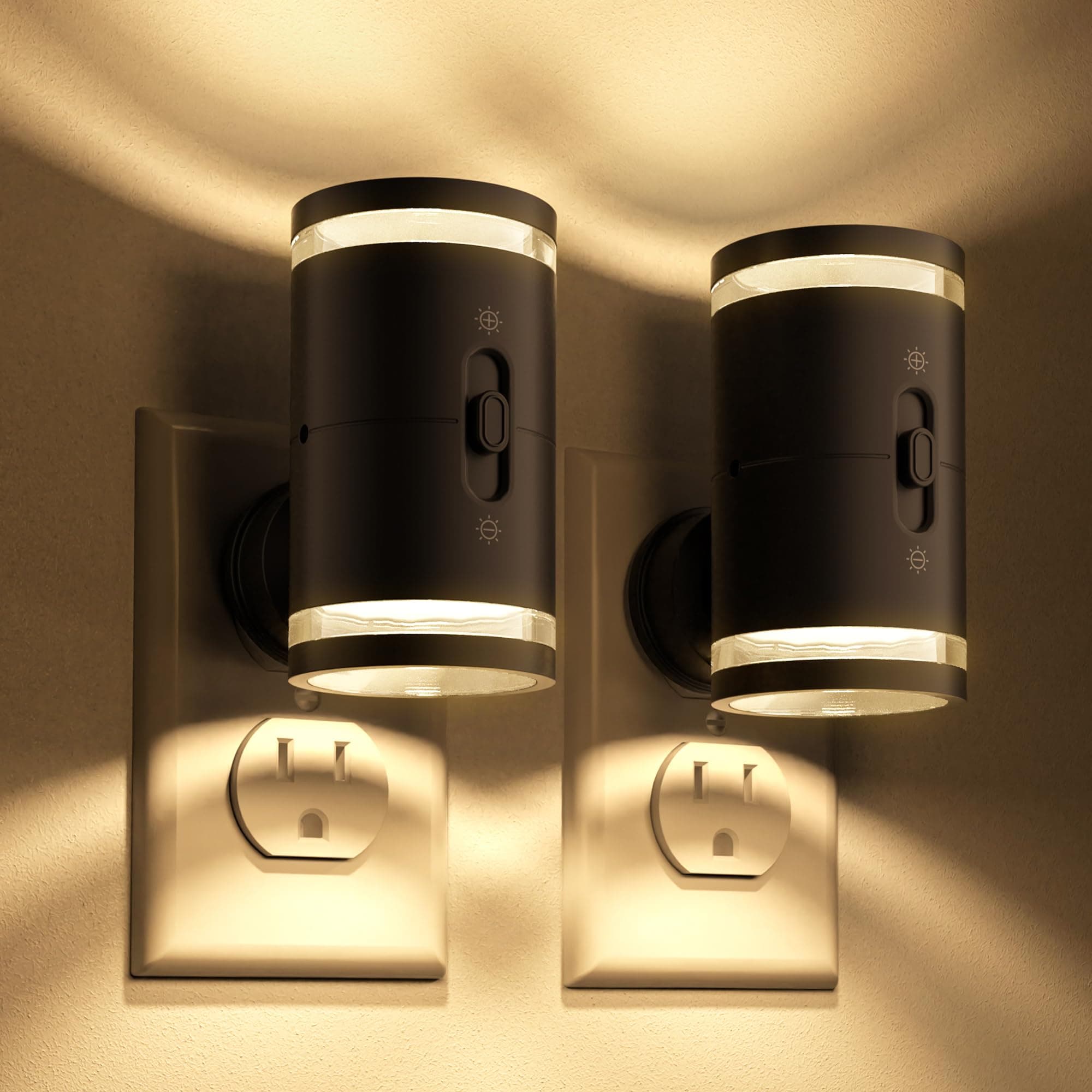 KINDEEP Night Light Plug into Wall, Dusk to Dawn Modern Plug in Night Lights, Soft White 3000K, 5-120LM Adjustable Brightness, Dimmable Night Lights for Bedroom Hallway Bathroom Stairs, 2 Pack, Black