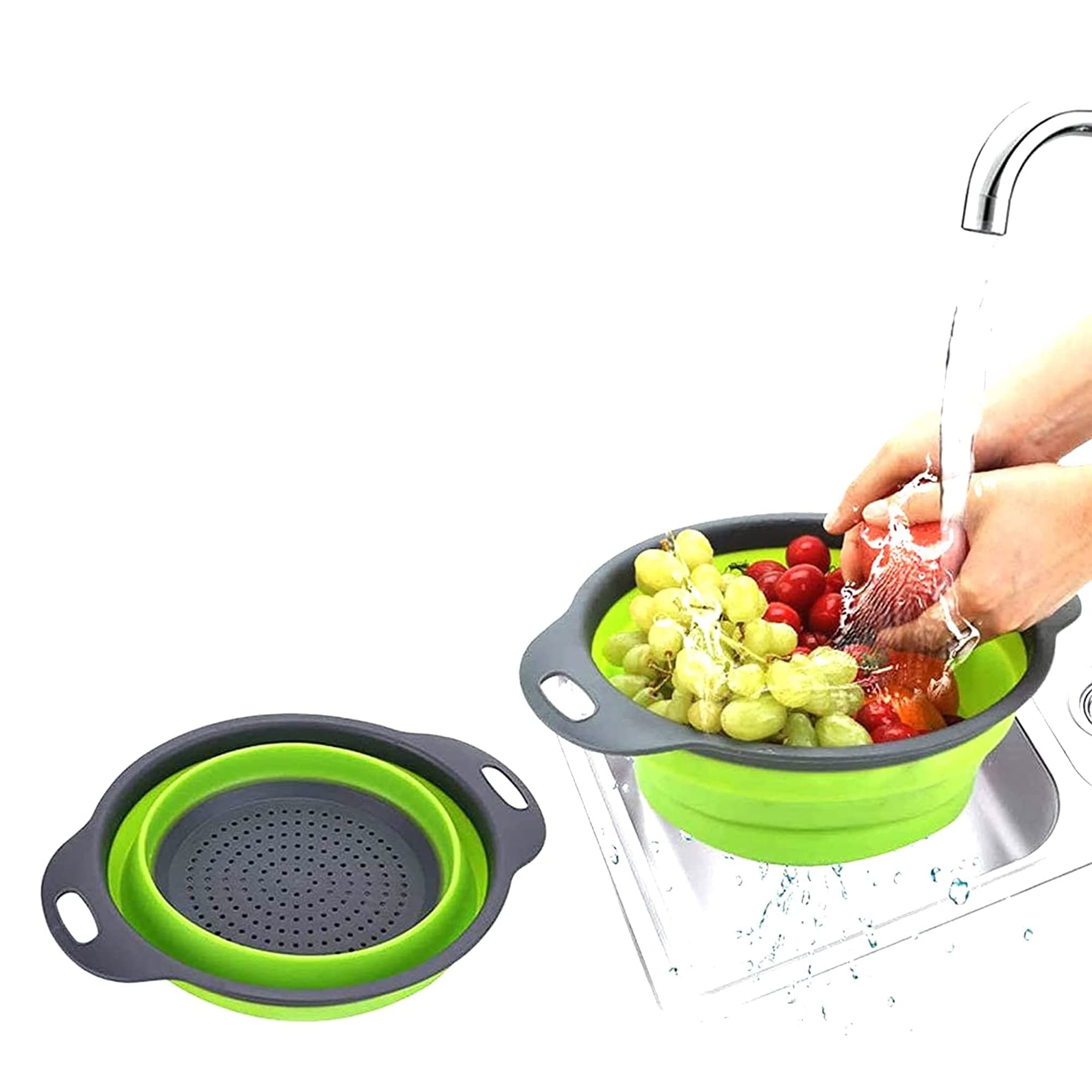 Collapsible Colander Over The Sink Vegetables/Fruit Silicone Colander Strainer with Handles Collapsible Basket Wash Fruits, Vegetables, and Rice Etc (Grey & Green - Round - 24.5 x 20 x 3.4cm)
