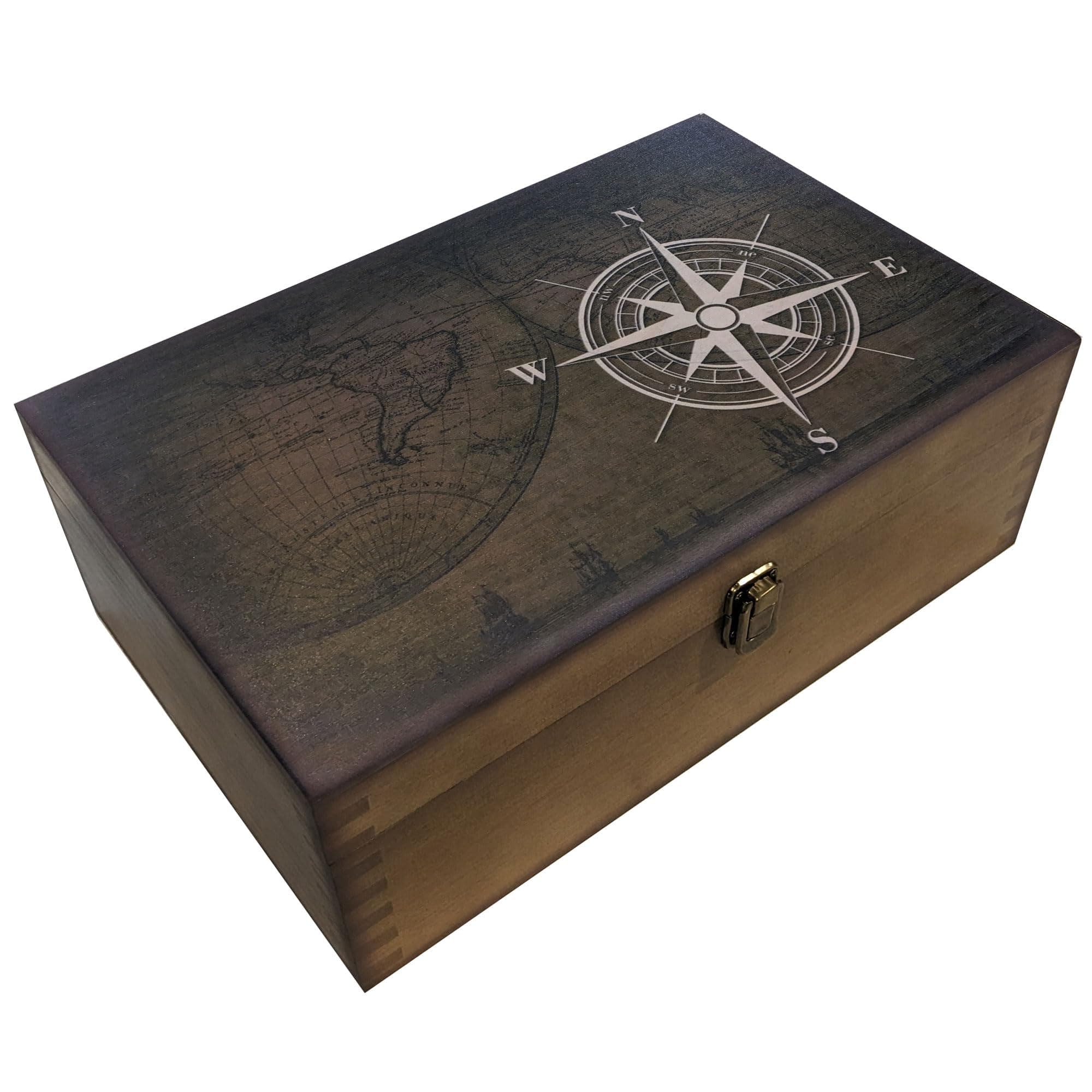 Navigators Compass Design Wooden Keepsake Box, Large Memory Box for Keepsakes, Decorative Storage Box for Memories, Jewelry, & Photos, Memorial Boxes for Men & Women