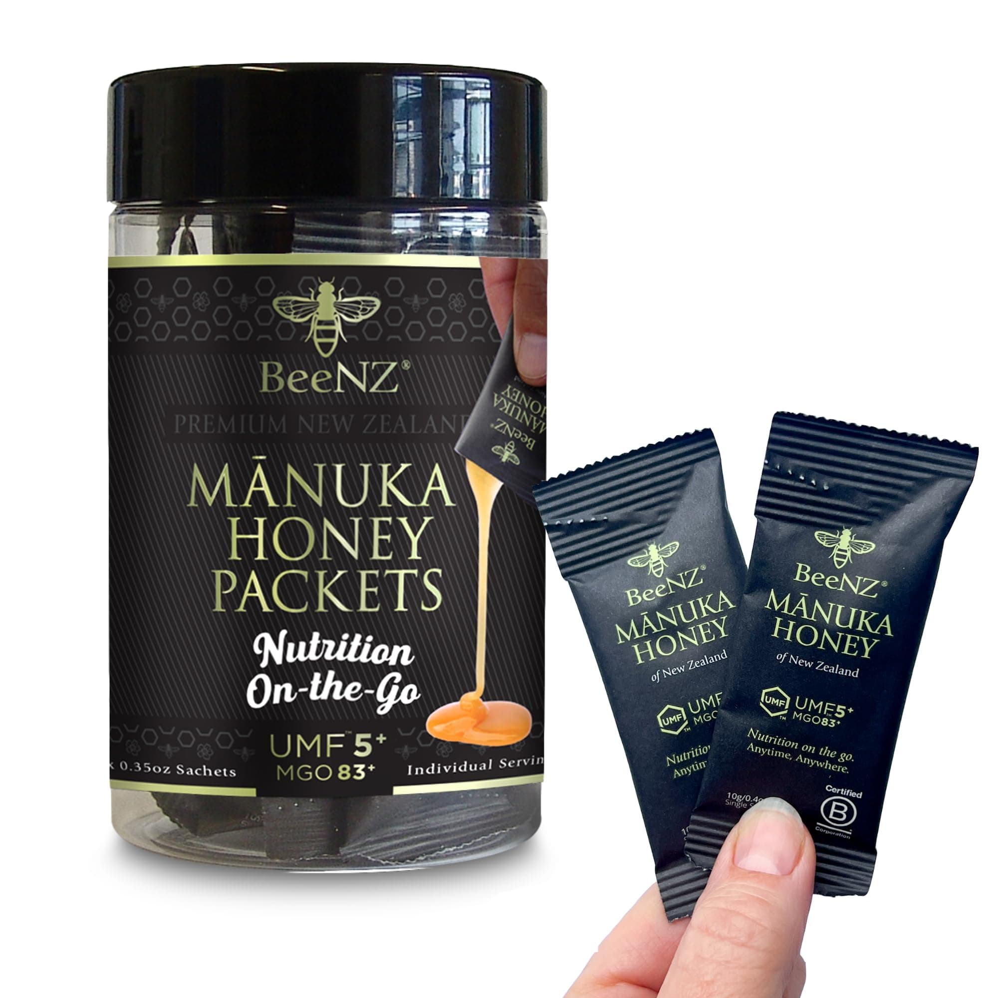 BeeNZ Raw Manuka Honey Packets, Certified UMF 5+ (MGO 83+), New Zealand Honey Packets, Pure, Natural Superfood for On-the-Go Wellness Support, No Sugar Added, Traceable from Hive to Sachet, 12 Pack