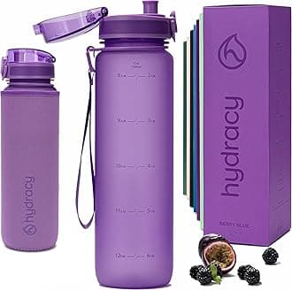 Water Bottle with Time Marker - Large 1 Litre BPA Free Water Bottle - Leak Proof & No Sweat Gym Bottle with Fruit Infuser Strainer -Ideal for Fitness or Sports & Outdoors -Berry Blue