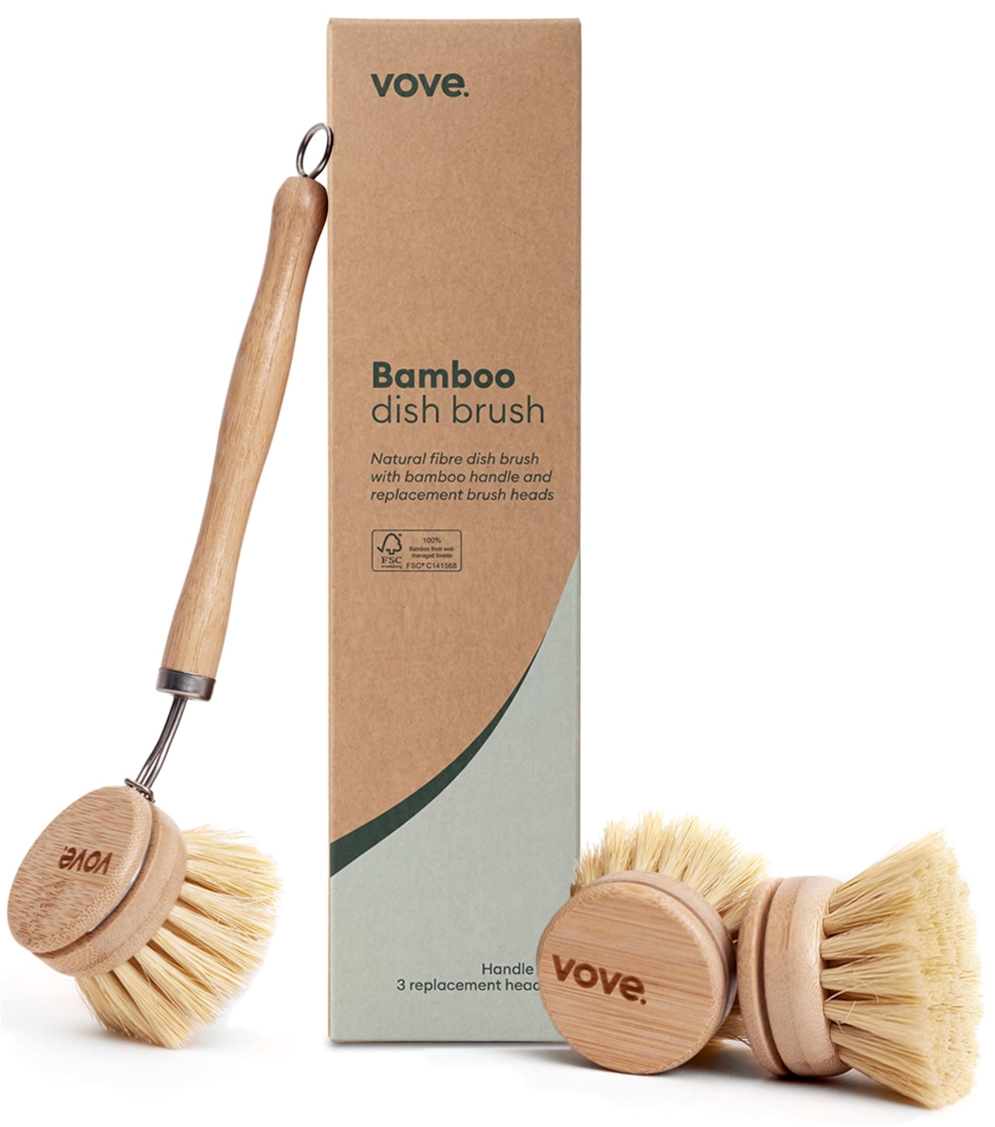 Vove | Premium Bamboo Dish Brush | Long Handle Brush With 3 Replacement Heads | Natural Fiber | Eco-Friendly | Plastic Free | Wooden Dish Brush | Long Lasting | For Washing and Cleaning