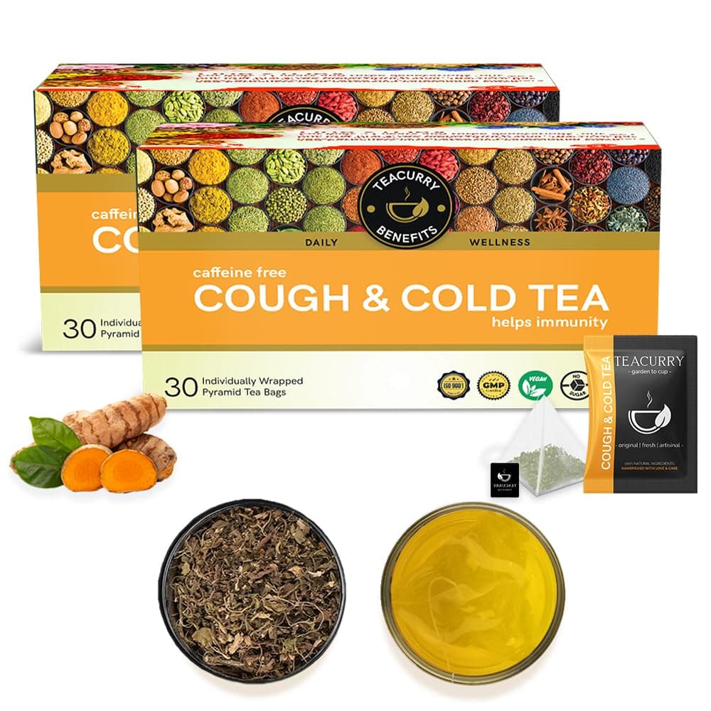 TEACURRY Tea For Cold And Cough-60 Pyramid Tea Bag Helps Runny Nose, Sneezing, Cough, Cold And Sore Throat|Relieves Fever, Dizziness, And Sneezing 100% Natural Herbal Cough Ginger Tea, 100 Grams