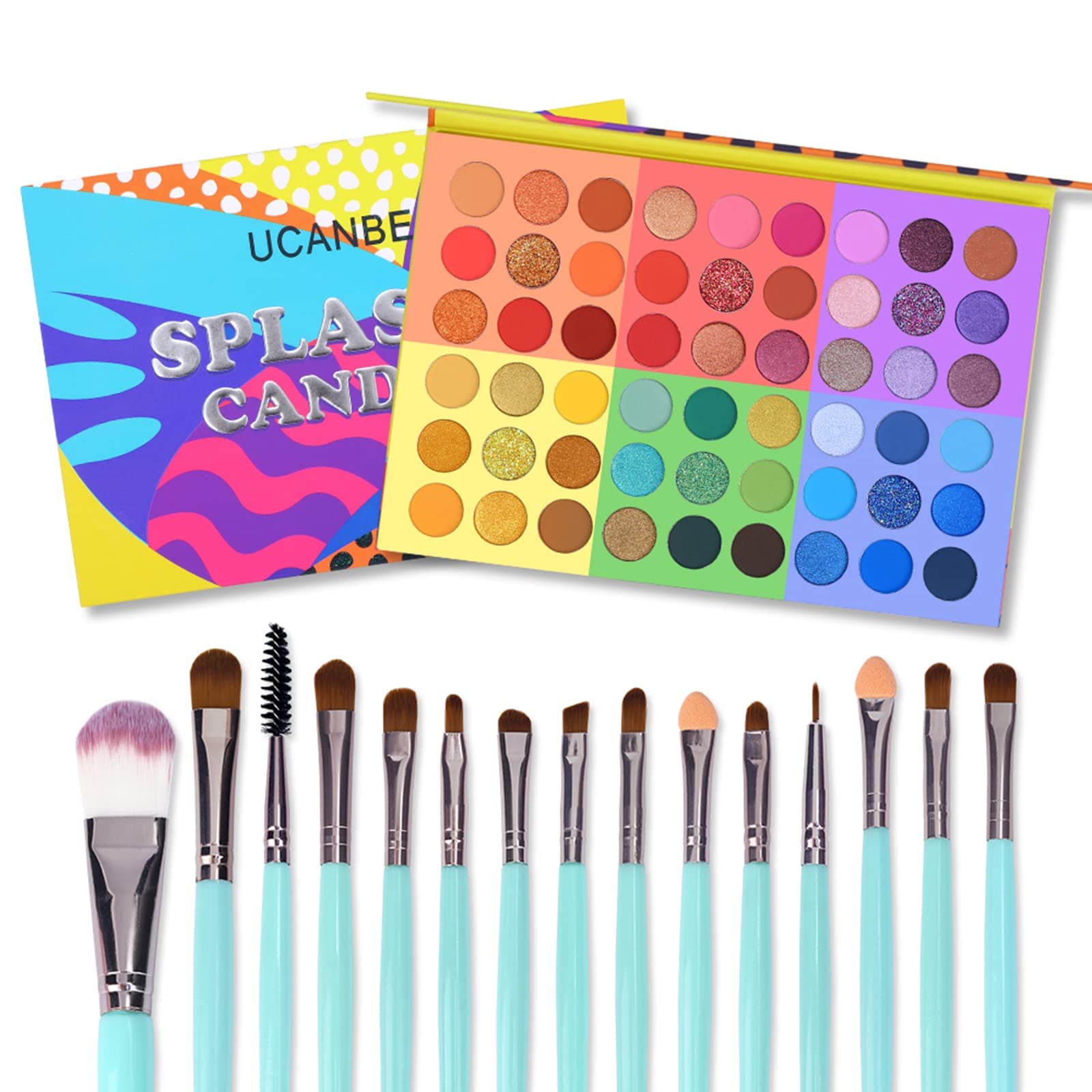 Splashy Candies Eyeshadow Palette + 15 PCS Eye Brushes Makeup Set, Professional 54 Color Matte Shimmer Glitter Eye Shadow Pallet Highly Pigmented Waterproof Long Lasting Make up Pallete