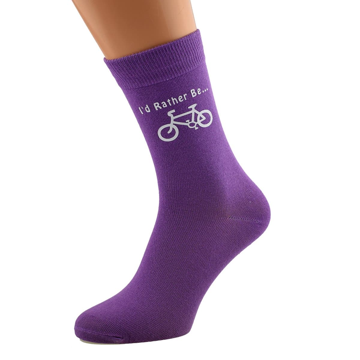 I'd Rather Be Cycling with Bike Image Printed in White on Ladies PURPLE Socks Great Mothers Day Present