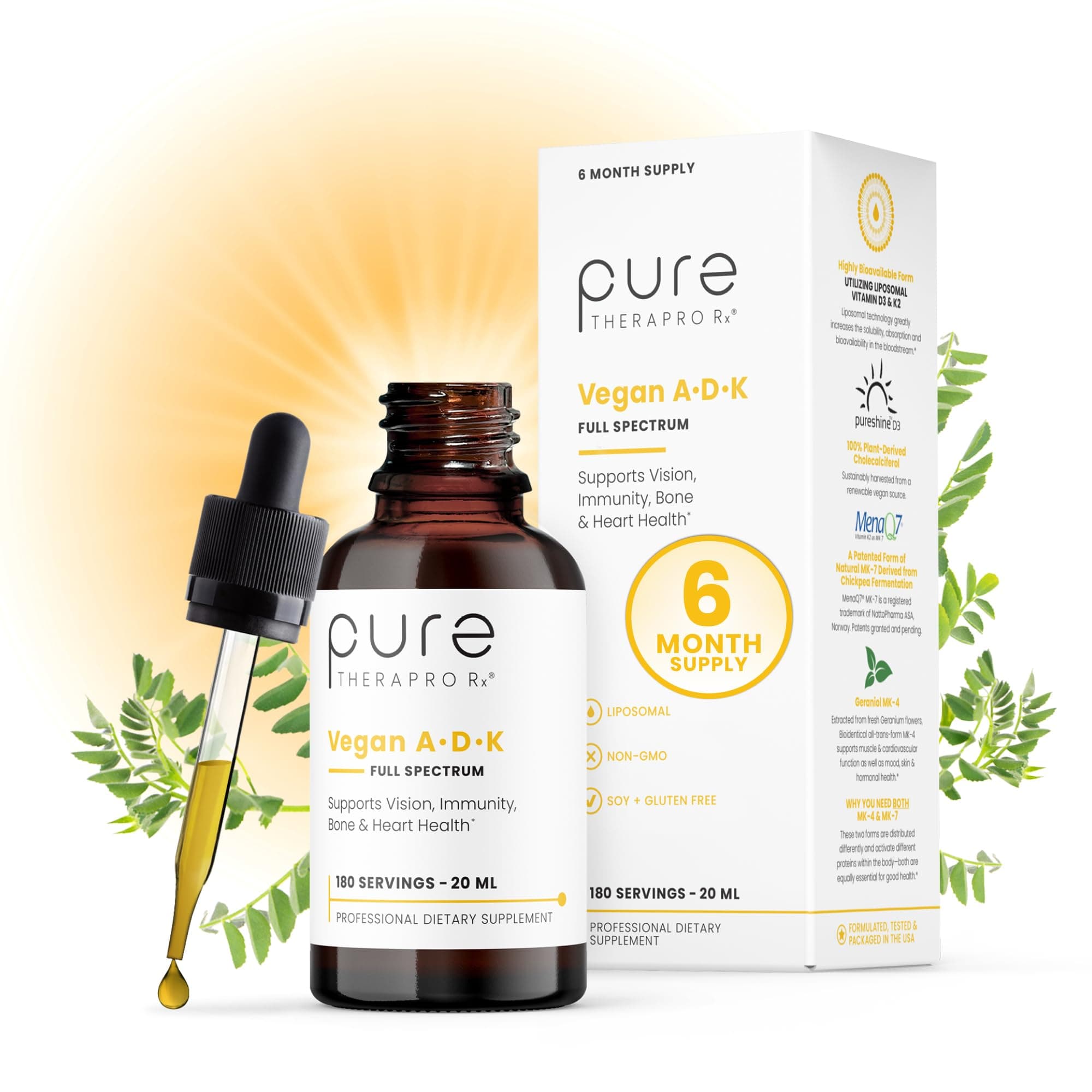 Pure TheraPro Rx Vegan A-D-K Drops-6 Mon Supply-Vitamin A(Palmitate & Betacarotene),Liposomal Vitamin D3(as vegan cholecalciferol),Liposomal Vitamin K2(MK-4 & MK-7)Supports Immunity & Bone Health-20mL
