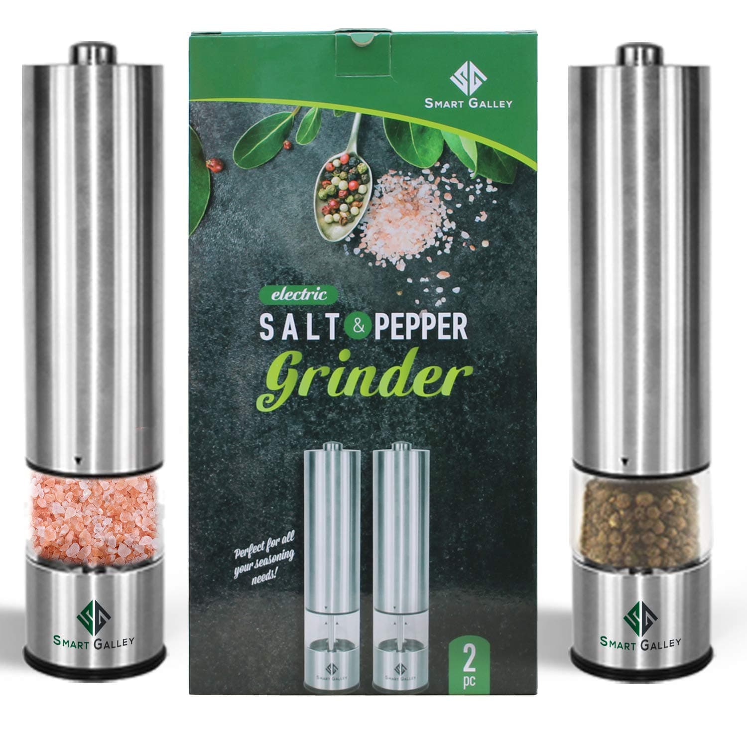 Electric Salt and Pepper Grinder Set by Smart Galley, this Battery Operated Salt and Pepper Mill Combo has a Modern Stainless Steel Body with Adjustable Ceramic Grinding Mechanism and Bright LED Light