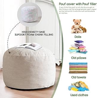 HIGOGOGO Round Stuffed Pouf Ottoman, Corduroy Poufs with Foam Chunk Filling, Furry and Fluffy Pouf Foot Stool Storage Ottoman, 26 X 18 Floor Poufs Foot Rest for Living Room, Beige
