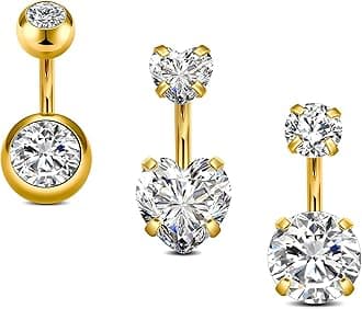 QWALIT Belly Rings - Short Bar Belly Button Rings in Surgical Steel with Opal Stones - 6mm & 10mm