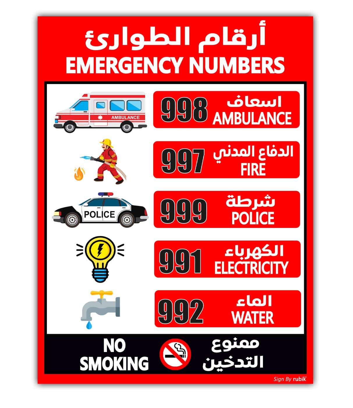 Rubik UAE Emergency Numbers Magnetic Sticker Sign, Removable, Highly Reflective, Help Line List, Waterproof, Premium Magnet Sign (Small 15x20cm)