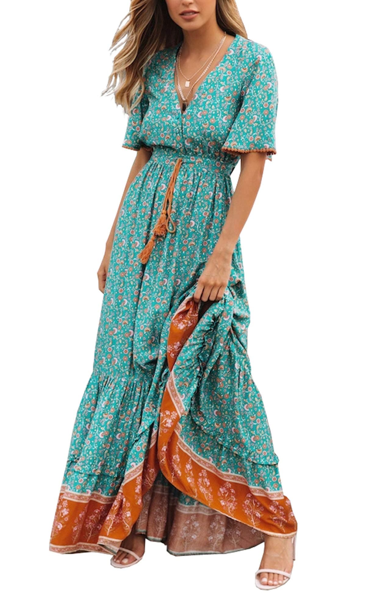 Women's Summer Boho V Neck Button Up Short Sleeve Bohemian Print Ruffle Hem Beach Style Long Maxi Dress Vacation Dress