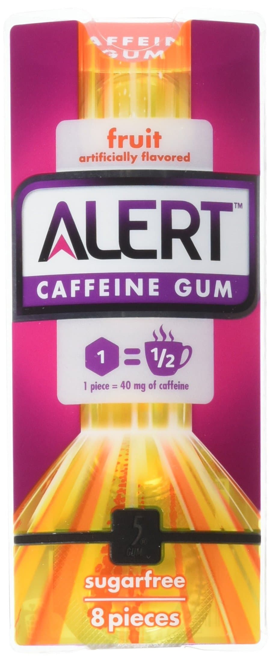 5 GUM Alert Caffeine Fruit Chewing Gum, 8 Pieces (8 Pack)