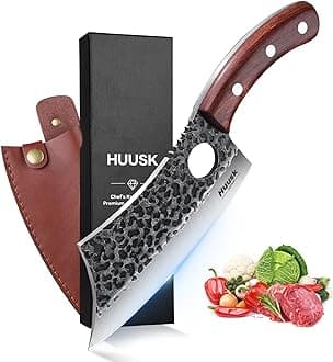 Huusk Meat Cleaver Knife, Hand Forged Butcher Knife for Meat Cutting, Full Tang Viking Knives with Sheath, Japanese Chef Knives for Outdoor Cooking, Camping, BBQ, Christmas Gift for Man and Women