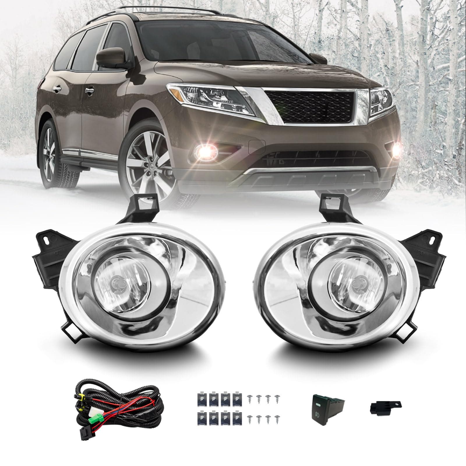 Fog Lights Compatible With 2013-2016 Nissan Pathfinder Front Bumper Lights Assembly Clear Lens w/Bezel Wires Switch Bulbs