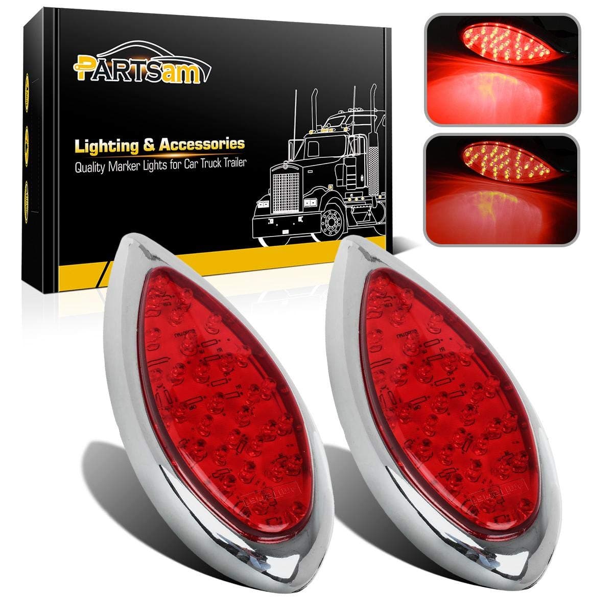 2PCS Red 35 LED Chrome Tear Drop Truck Trailer Stop Turn Brake Tail Lights Sealed w/High Low Brightness