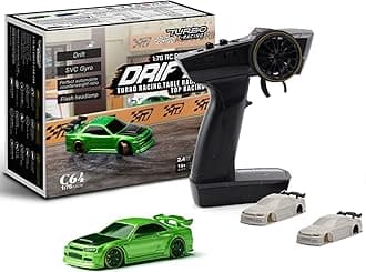 Turbo Racing 1:76 Scale Drift RC Car with Gyro Mini Full Proportional RTR 2.4GHZ Remote Control with 2 Replaceable Body Shell (C64-Green)