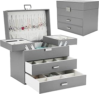 Dajasan Jewelry Holder Organizer Box, Jewelry Boxes for Women Girls, 4 Layers Large Jewelry Storage Box for Earring, Ring, Necklace, Bracelets (Grey)